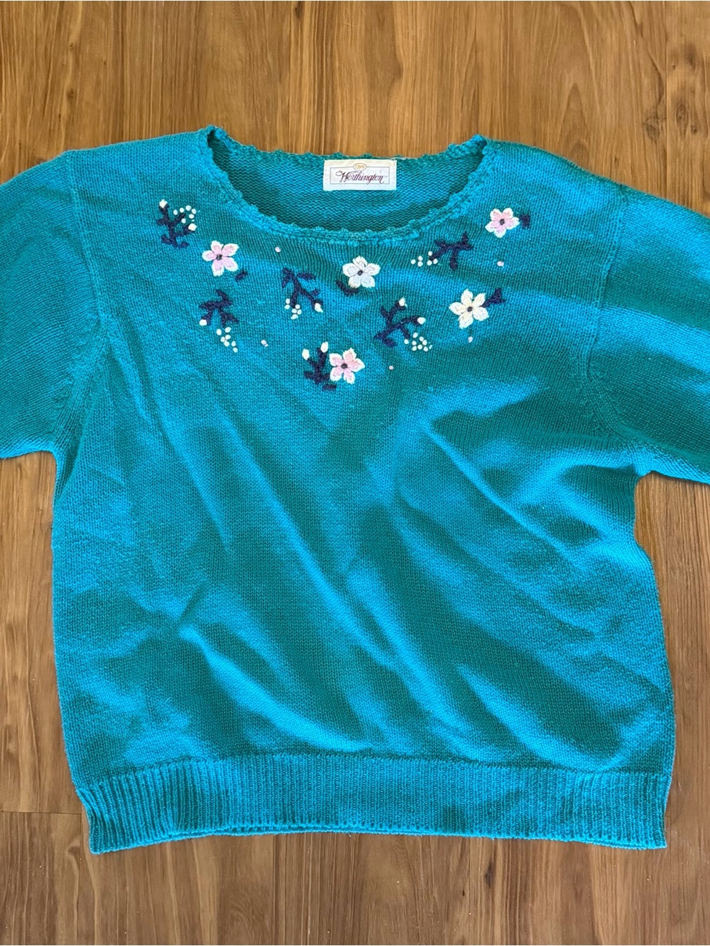 Worthington Teal Floral Embroidered Short Sleeve Sweater